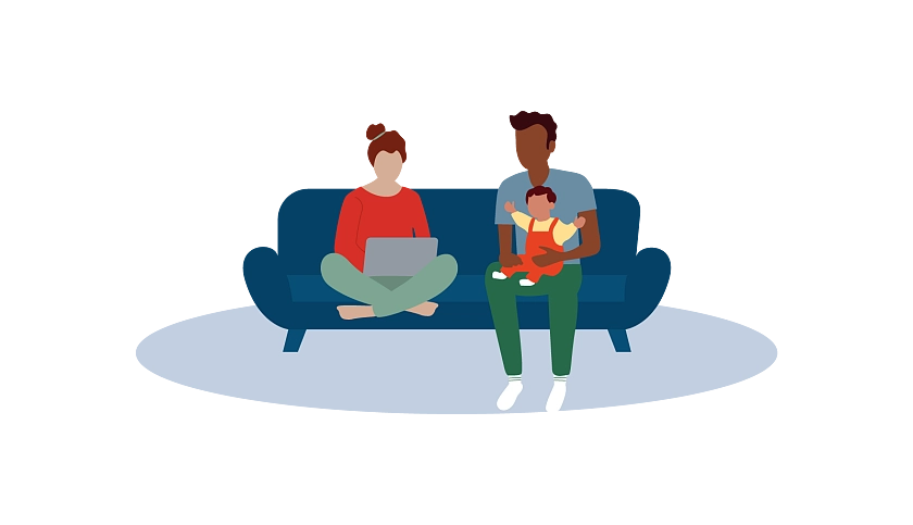 Gezeichnetes Bild: Eine Frau mit einem Laptop und ein Mann mit einem Kind im Arm sitzen auf einem Sofa.