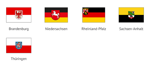 Landesflaggen von Brandenburg, Niedersachsen, Rheinland-Pfalz, Sachsen-Anhalt und Thüringen