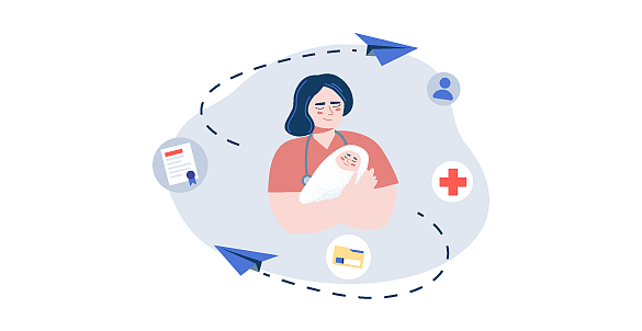 Eine gezeichnete Hebamme mit Neugeborenem im Arm von mehreren Gesundheitssymbolen umgeben.