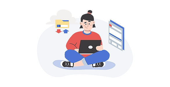 Gezeichnetes Bild: Eine Frau sitzt mit einem Laptop auf dem Boden, um sie herum Symbole für Datentransfer.