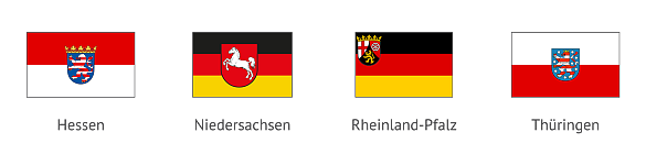 Landesflaggen von Hessen, Niedersachsen, Rheinland-Pfalz und Thüringen