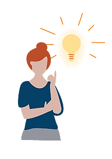 Gezeichnet: Frau rechts daneben ein Glühbirnensymbol